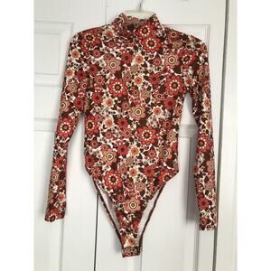 SHEIN Womens Floral Bodysuit Size Small Retro 70's Long Sleeve Boho Hippy Top